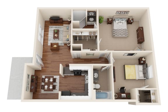 this is a 3d floor plan of a 849 square foot 1 bedroom apartment at the