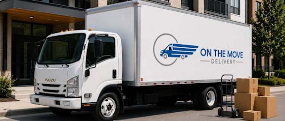 A white delivery truck with the words "On the Move Delivery" on the side is parked in front of a building.