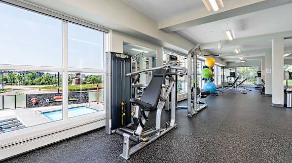 A gym with a view of a pool and trees.