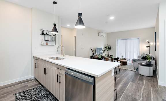 A modern kitchen with a dishwasher and sink.