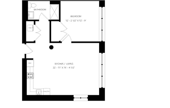 A floor plan of a one bedroom and one bathroom apartment.