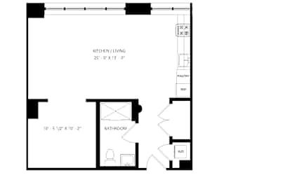 A floor plan for a Studio Alcove with 1 Bathroom.