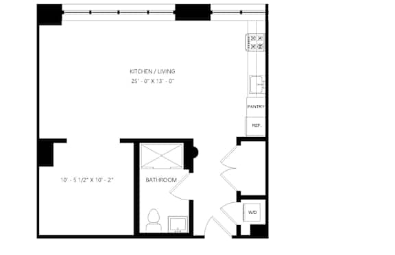 A floor plan for a Studio Alcove with 1 Bathroom.