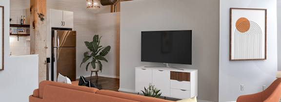 Living Room with TV at FreightYard Townhomes and Flats, Minneapolis, MN, 55401