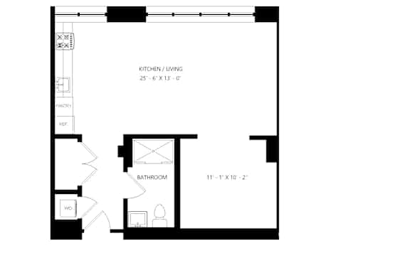 A floor plan for a Studio Alcove with a 1 Bathroom.