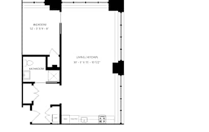 A floor plan of a one bedroom apartment with a bathroom.
