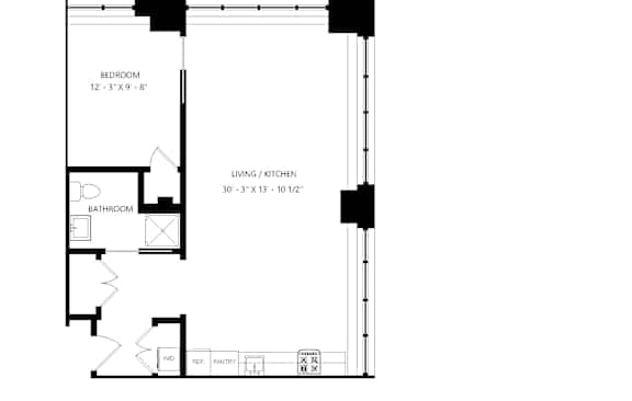 A floor plan of a one bedroom apartment with a bathroom.