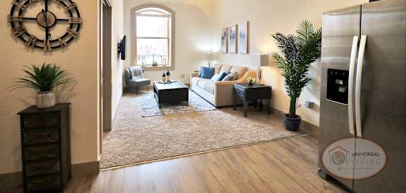 A living room with a couch, a plant, and a clock on the wall.