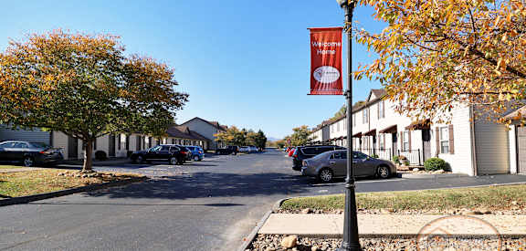 a street with a flag on a lamp post on the side of the road