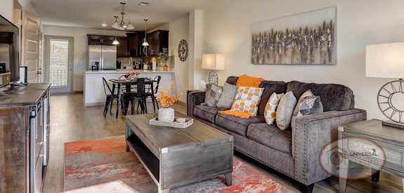 a living room with a couch and a ceiling fan