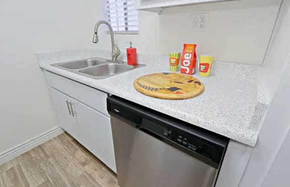 A kitchen with a dishwasher, sink, and a pizza on the counter.