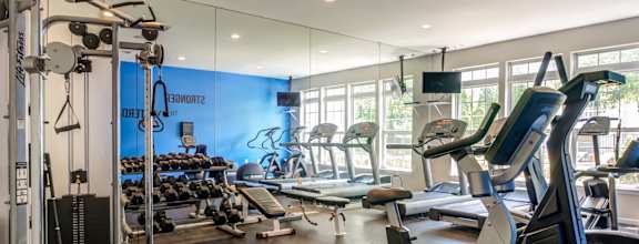 A gym with a variety of equipment including weights and treadmills.