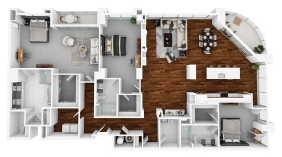 a 3d rendering of a floor plan with a wood floor
