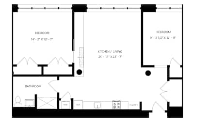 A floor plan of a small apartment with two bedrooms and one bathroom.