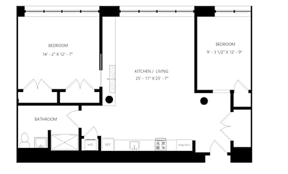 A floor plan of a small apartment with two bedrooms and one bathroom.