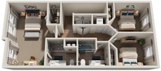 A 3D floor plan of a house with multiple rooms and furniture.