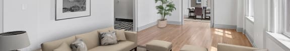 a living room with two couches and a coffee table