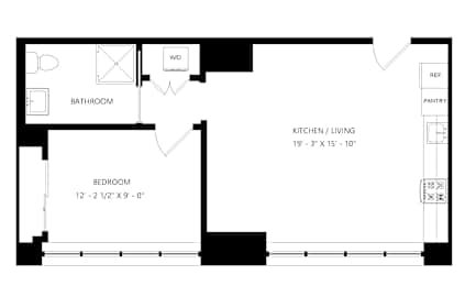 A floor plan of a small apartment with one bedroom and one bathroom.