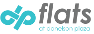 a blue and white logo with the words flats at donation plaza