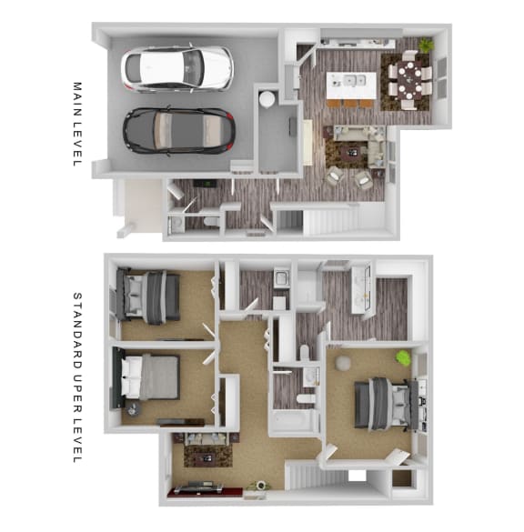 a 3d rendering of a floor plan withartments and a car