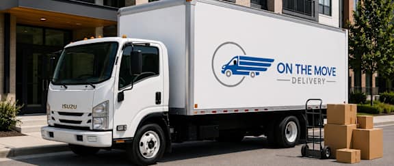 A white delivery truck with the words "On the Move Delivery" on the side is parked in front of a building.
