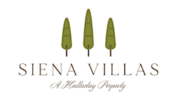 A logo for Siena Villas, a holiday property, featuring three green palm trees.
