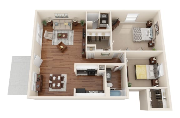 a stylized floor plan of a 1 bedroom apartment