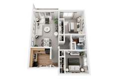 A 3D floor plan of a small apartment with a kitchen, living room, and bathroom.