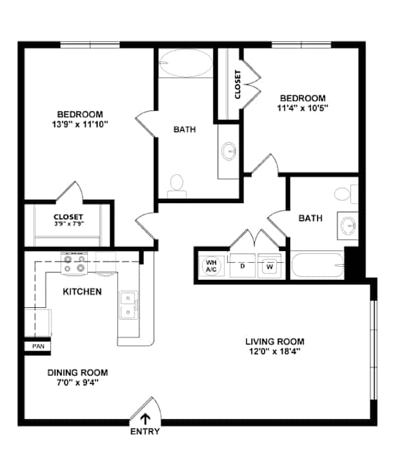 A black and white image of a house floor plan with an entry point.