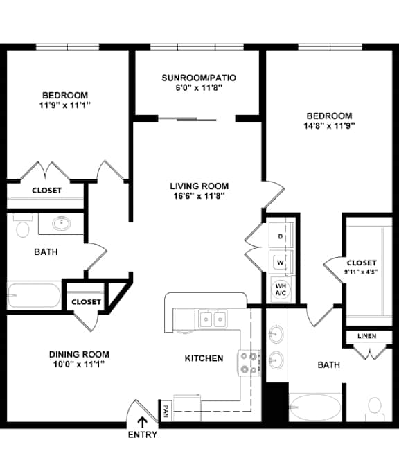 A black and white image of a floor plan for a home with a living room, kitchen, dining room, and two bedrooms.