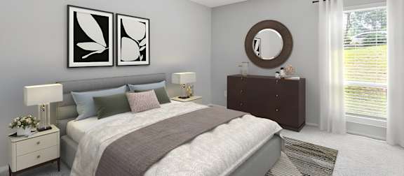 A living room with a white sofa, green chairs, and a television. at Lakes Edge Apartments, Greensboro