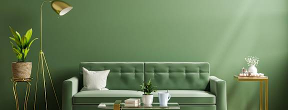 A white chair is placed in front of a green wall with a potted plant on a small table beside it.