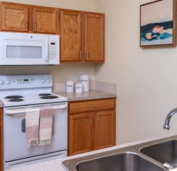 view from pass through window into kitchen. Light brown cabinetry, white modern appliances include a refrigerator, built in microwave and stove. Dishwasher and sink located underneath pass through win