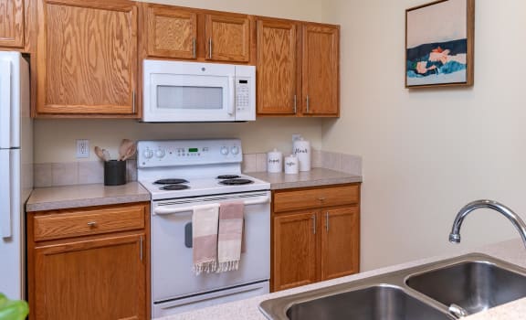 view from pass through window into kitchen. Light brown cabinetry, white modern appliances include a refrigerator, built in microwave and stove. Dishwasher and sink located underneath pass through win