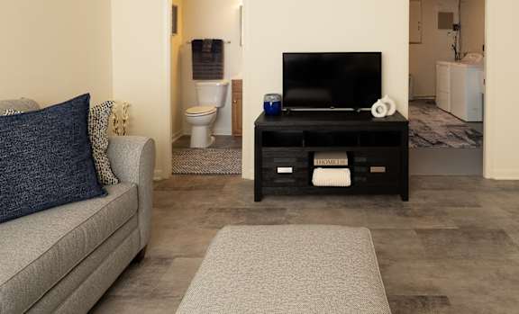 A living room with a grey couch and a black television at Walnut Grove Townhomes* Apartments, Essex, MD