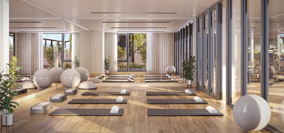 a yoga room with white spheres and yoga mats on the floor