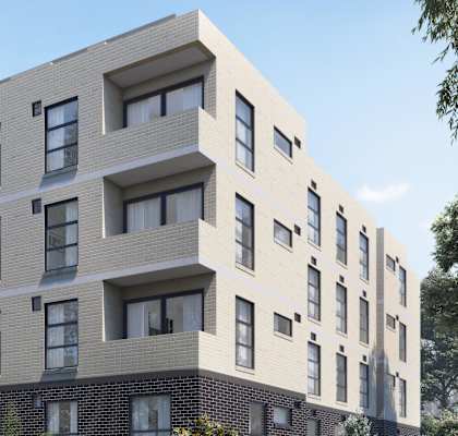 a rendering of an apartment building on the corner of a street