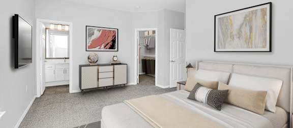 a bedroom with a large bed and a ceiling fan at Northlake Park Apartments, Orlando, FL, 32827