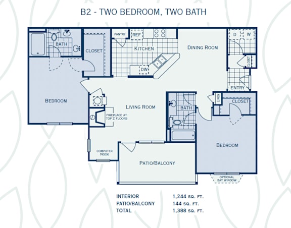 Floor Plan  A blueprint of apartment B2 with two bedrooms and two bathrooms.
