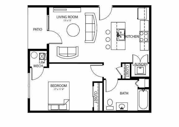 A2 1Bed 1Bath at Melbourne Apartments, Des Moines, Iowa