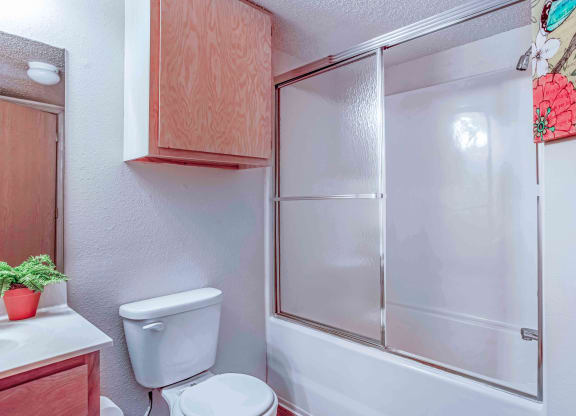 a bathroom with a white toilet next to a white bathtub