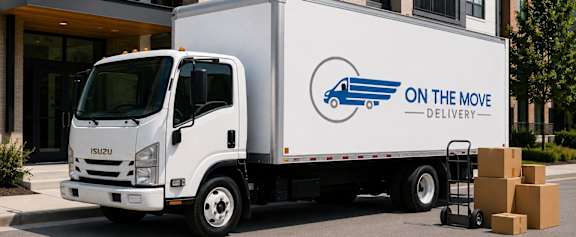 A white delivery truck with the words "On the Move Delivery" on the side is parked in front of a building.