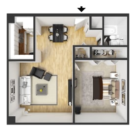 a 3d drawing of the interior of a house with a living room