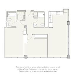 A floor plan for a two-bedroom corner unit at Liberty Tower Residences is displayed.
