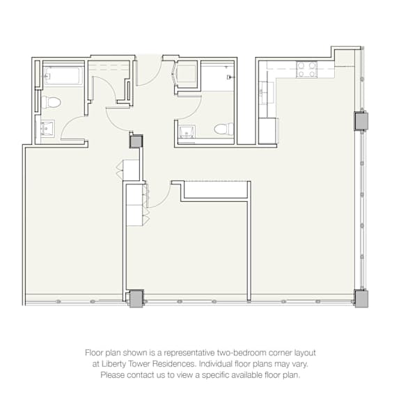 A floor plan for a two-bedroom corner unit at Liberty Tower Residences is displayed.