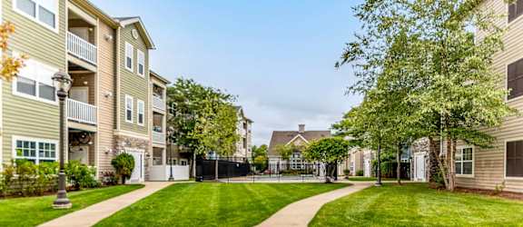 Drum Hill building exteriors and walking paths with folliage