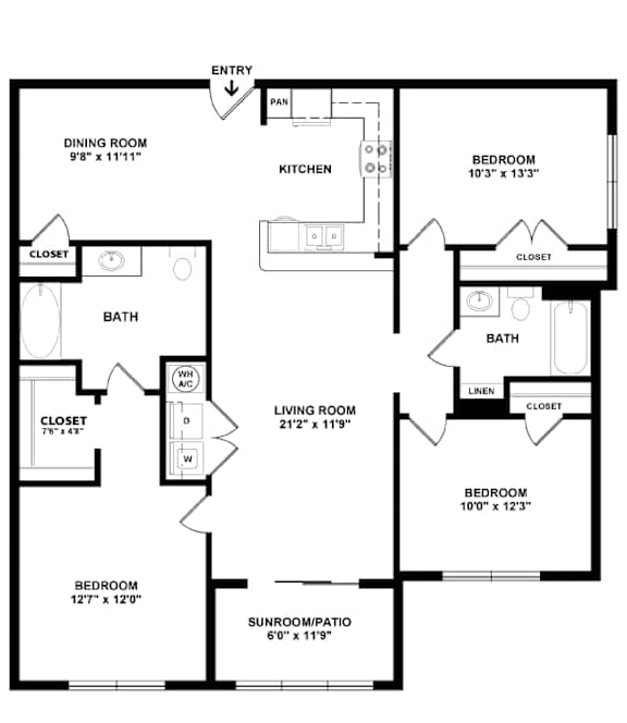 A black and white image of a floor plan for a home with a living room, kitchen, dining room, and four bedrooms.