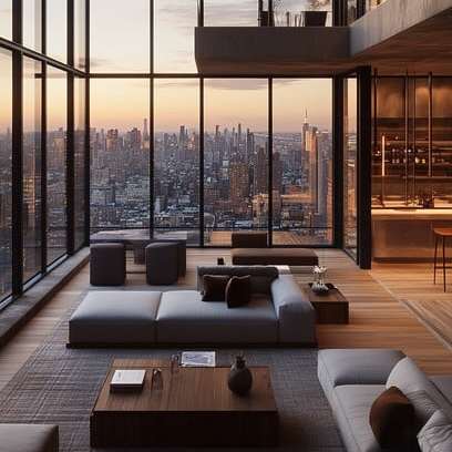 A modern living room with a view of the city skyline.