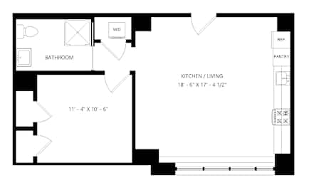 A floor plan of a junior one bedroom apartment with a bathroom and a kitchen.
