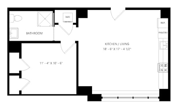 A floor plan of a junior one bedroom apartment with a bathroom and a kitchen.